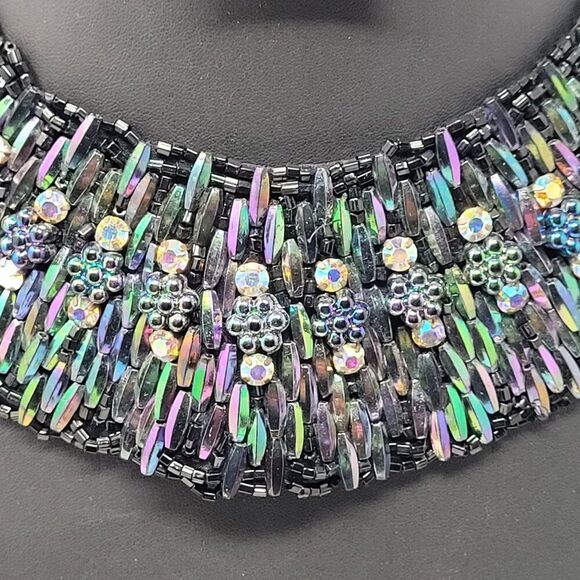 Vintage Jewelry - Vintage Handcrafted AB Oil‎ Slick Beaded Statement Bib Collar Necklace Cleopatra
